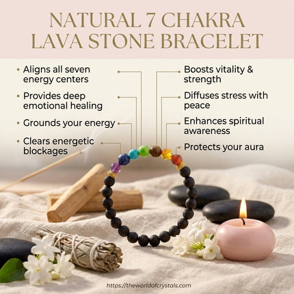 Feature list for the Natural 7 Chakra Lava Stone Bracelet emphasizing energy center alignment, emotional healing, and stress relief.