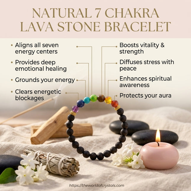 Feature list for the Natural 7 Chakra Lava Stone Bracelet emphasizing energy center alignment, emotional healing, and stress relief.