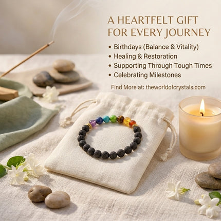 7 Chakra Lava Stone Bracelet presented on a white gift pouch next to a candle, ideal for birthdays and healing gifts.