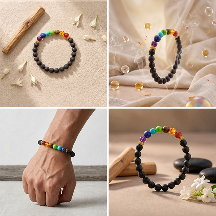 A collage showing the 7 Chakra bracelet from various angles, including a lifestyle shot of the bracelet worn on a man's wrist.