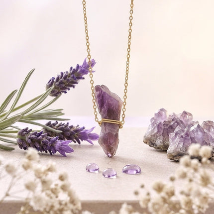 Natural raw amethyst necklace designed to promote inner peace, calmness, and stress relief in daily life