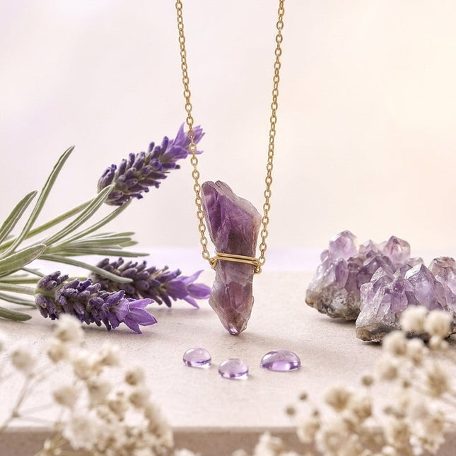 Natural raw amethyst necklace designed to promote inner peace, calmness, and stress relief in daily life