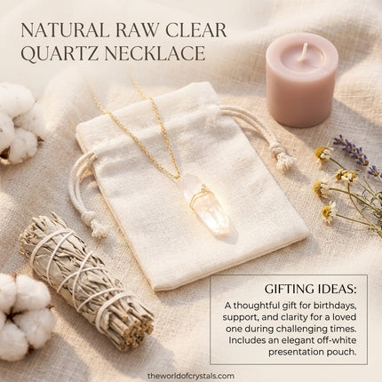 Clear quartz pendant displayed on an elegant off-white presentation pouch, highlighted as a thoughtful gift for birthdays and support during challenging times