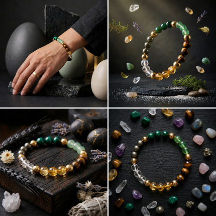 A lifestyle photo of the Dhan Yog bracelet featuring Citrine, Pyrite, and Green Aventurine beads worn on a wrist for success and abundance.