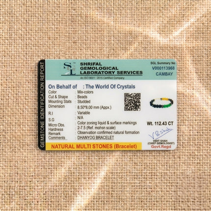 Gemstone identification report from Shrifal Gemological Laboratory for a Natural Dhan Yog bracelet by The World Of Crystals, confirming natural multi-stones and a weight of 112.43 CT.
