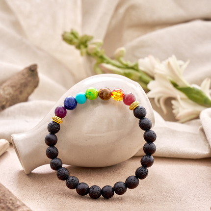 Chakra lava stone bracelet for daily wear offering protection, grounding energy, and emotional balance