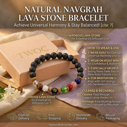 Infographic of the Natural Navgrah Lava Stone Bracelet highlighting its power to balance the nine planets, provide universal protection, and enhance inner peace.