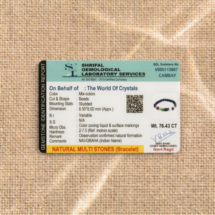 Gemstone identification report from Shrifal Gemological Laboratory for a Natural Navgraha multi-stone bracelet by The World Of Crystals, confirming natural formation and a weight of 76.43 CT