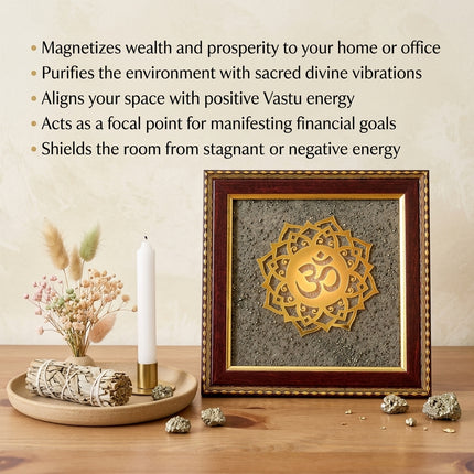 Instructional guide for the OM frame detailing Vastu placement on the North-East wall and methods for cleansing with sacred smoke or sound.