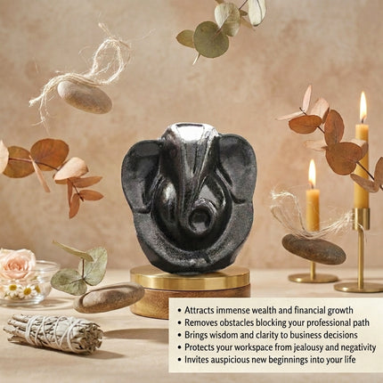 Instructional guide for the Pyrite Ganesha statue detailing Vastu placement on the Northeast wall or office desk and methods for activation using sacred smoke.