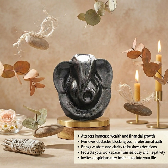 Instructional guide for the Pyrite Ganesha statue detailing Vastu placement on the Northeast wall or office desk and methods for activation using sacred smoke.