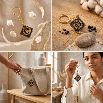 Infographic of the Natural Pyrite OM Keychain highlighting its power to attract wealth, invite abundance, and provide divine spiritual protection.