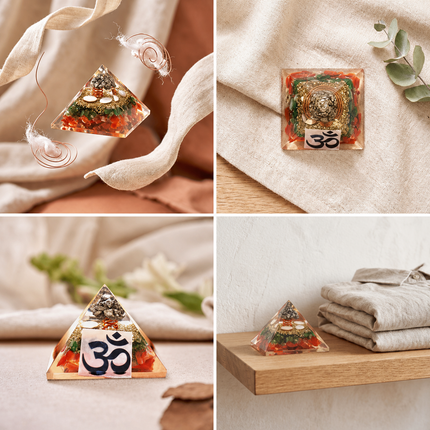 A collage showcasing the Sacred Shree Yantra and Gomti Chakra Orgone Pyramid from multiple angles, including a top-down view and lifestyle setting with a woman holding the crystal.