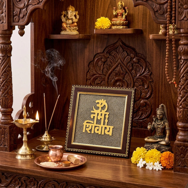 Close-up of the elegant Om Namah Shivay mantra artwork textured with genuine pyrite dust for a spiritual home office.