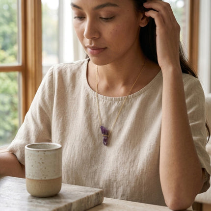 Raw amethyst necklace used for enhancing intuition, emotional healing, and spiritual awareness