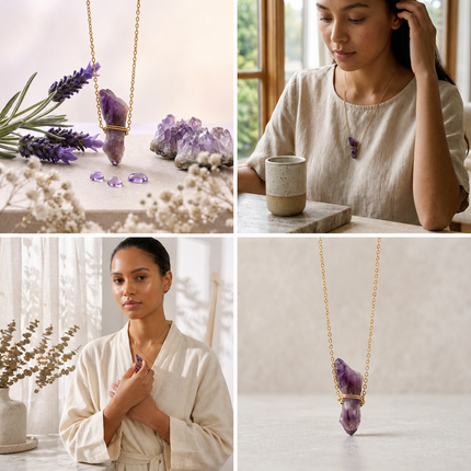 A four-way collage featuring a raw amethyst point necklace on a gold chain, including lifestyle shots of a woman wearing the crystal pendant for inner peace and intuition.