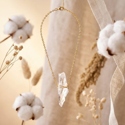 Closeup of clear quartz necklace showcasing natural crystal details for healing energy and enhanced clarity
