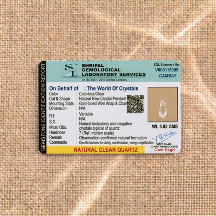 Shrifal Gemological Laboratory identification report for a Natural Raw Clear Quartz necklace by The World Of Crystals, confirming natural formation and a weight of 8.92 GMS