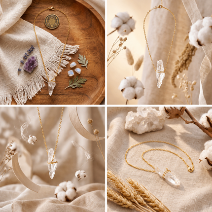 A four-way collage featuring a natural raw clear quartz point necklace on a gold chain, displayed with moonstones, lavender, and cotton flowers for energy amplification