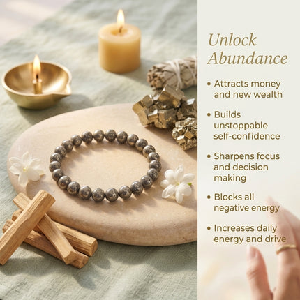 Infographic of the Natural Raw Pyrite Bracelet highlighting benefits like attracting supreme wealth, business growth, clearing debt, and shielding against negative energy.