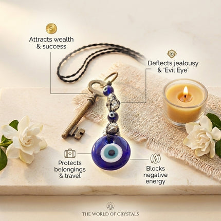 Infographic listing the benefits of the Pyrite Evil Eye keychain: attracting money, protection from the evil eye (Nazar), and shielding against negative vibes.