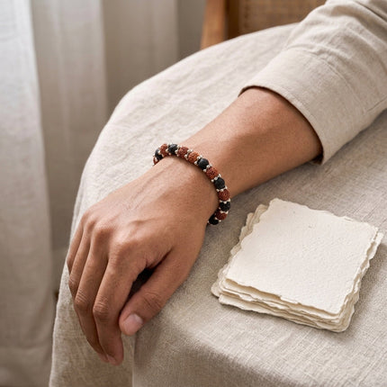 Closeup of Rudraksha and lava stone bracelet highlighting bead texture and natural details for grounding energy