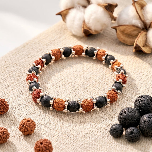 Natural Rudraksha and lava stone bracelet designed for grounding, inner strength, and divine protection energy