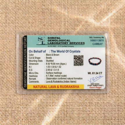 Shrifal Gemological Laboratory report for a Natural Lava & Rudraksha bracelet from The World Of Crystals, confirming authentic materials with a total weight of 61.34 CT.