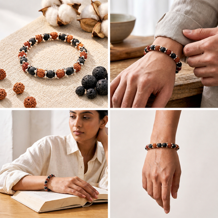 A four-way collage showing the Natural Rudraksha and Lava Stone bracelet on a linen background and worn on a wrist during meditation