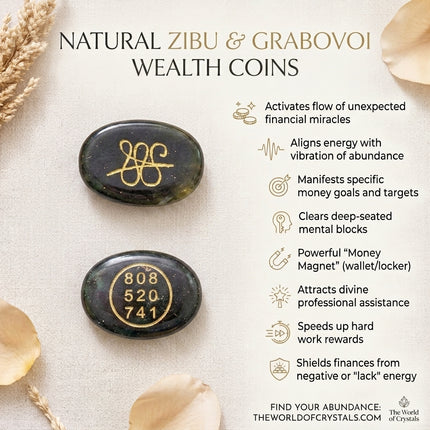 Infographic showing two dark green wealth coins with gold Zibu and Grabovoi symbols, listing benefits like manifestation of money goals and financial miracle activation.