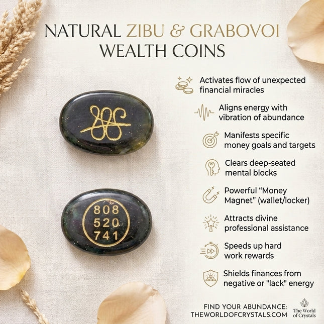 Infographic showing two dark green wealth coins with gold Zibu and Grabovoi symbols, listing benefits like manifestation of money goals and financial miracle activation.