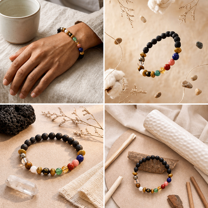 A lifestyle shot showing the Navgrah Lava Stone Bracelet worn on a wrist, featuring the nine colorful planetary stones against black porous lava beads.