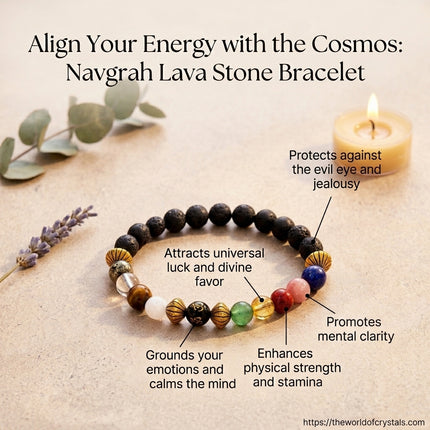 Educational guide explaining how each stone in the Navgrah bracelet represents one of the nine planets (Sun, Moon, Mars, Mercury, Jupiter, Venus, Saturn, Rahu, Ketu).
