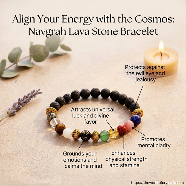 Educational guide explaining how each stone in the Navgrah bracelet represents one of the nine planets (Sun, Moon, Mars, Mercury, Jupiter, Venus, Saturn, Rahu, Ketu).