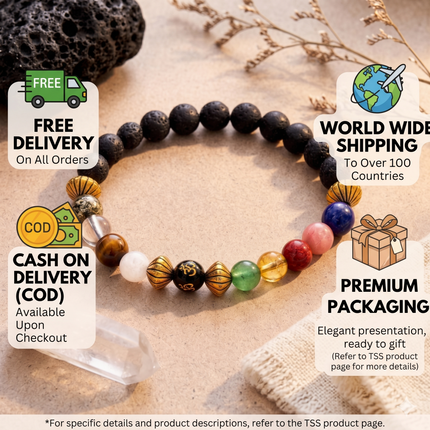 A detailed list of benefits for the Navgrah Lava Stone Bracelet including stress relief, chakra alignment, and shielding against negative planetary influences.