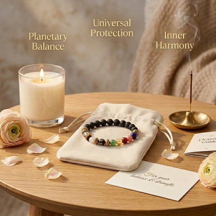 Infographic of the Natural Navgrah Lava Stone Bracelet highlighting its power to balance the nine planets, provide universal protection, and enhance inner peace.