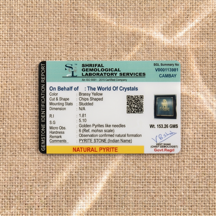 Shrifal Gemological Laboratory report for an Om Namah Shivay Natural Pyrite Dust frame by The World Of Crystals, confirming natural pyrite chips and a total weight of 153.26 GMS