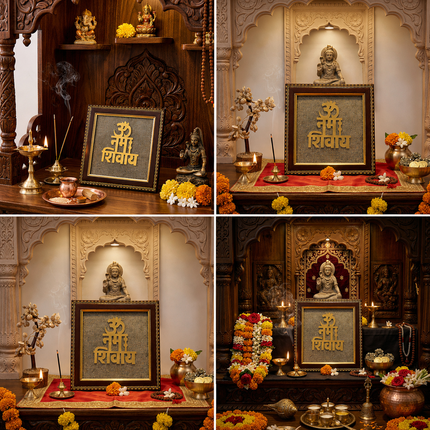A collage showing the Om Namah Shivay Pyrite Dust Frame placed in various traditional Indian home altars (Puja rooms) with incense and oil lamps for spiritual protection.
