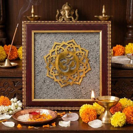 Shimmering pyrite dust OM artwork inside a premium wooden frame, perfect for spiritual home office decor.