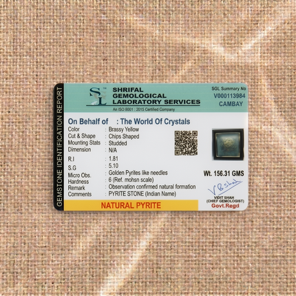 Shrifal Gemological Laboratory report for an OM Natural Pyrite Dust frame by The World Of Crystals, confirming natural pyrite chips and a total weight of 156.31 GMS