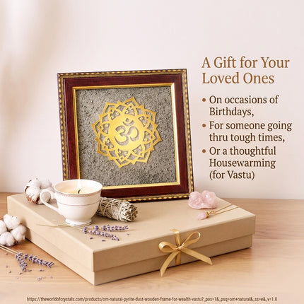 The OM Natural Pyrite frame presented on a high-quality gift box, suggested as a meaningful gift for manifesting abundance and success.