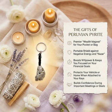 Infographic listing the gifts of Peruvian Pyrite, including its role as a premier wealth magnet, a shield against negative energy, and a booster for willpower during business deals