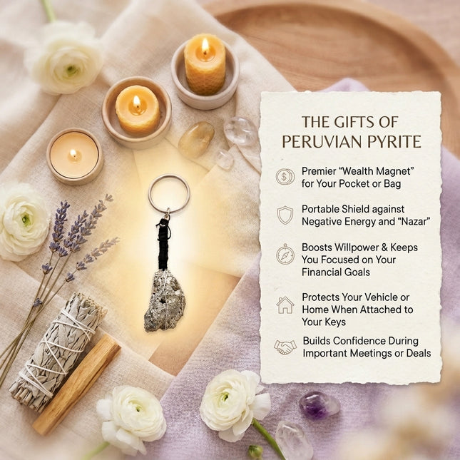 Infographic listing the gifts of Peruvian Pyrite, including its role as a premier wealth magnet, a shield against negative energy, and a booster for willpower during business deals