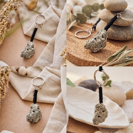 A collage of the Peru Pyrite keychain shown as a luxury bag charm and house key accessory, featuring high-luster golden pyrite clusters.