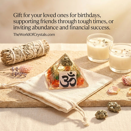 Sacred Shree Yantra Orgone Pyramid placed on a white drawstring gift bag next to lavender and candles, perfect for gifting new beginnings and prosperity.