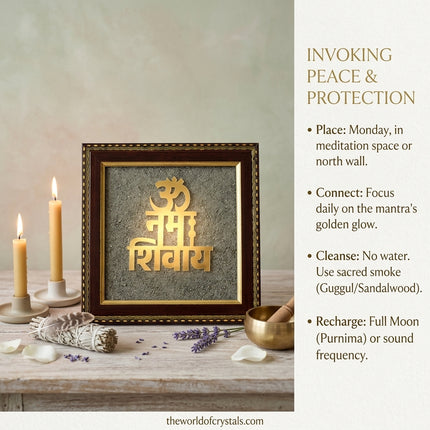 Instructional guide for the frame detailing Vastu placement on the north wall, daily focus practices, and cleansing using sacred smoke.