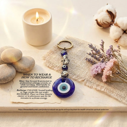 Instructional guide for the Pyrite keychain detailing how to use it on keys or bags and how to recharge it using sunlight or sage smoke