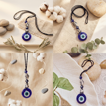 A collage of the Natural Raw Pyrite Evil Eye keychain used as a bag charm and car hanging, featuring golden raw pyrite and a blue protective evil eye bead