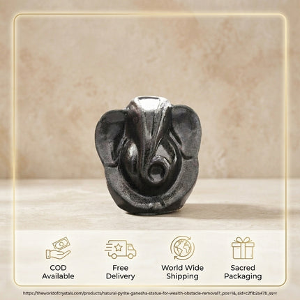 Service overview for the Pyrite Ganesha statue from The World of Crystals featuring Cash on Delivery, Free Nationwide Delivery, and Secure Worldwide Shipping.