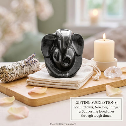 The Natural Pyrite Ganesha statue displayed on a premium gift box, suggested as a perfect gift for housewarmings, new business ventures, and milestone birthdays.
